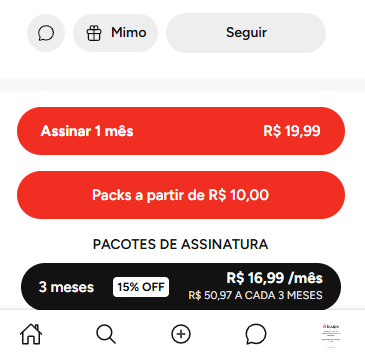 Valores de assinatura e packs