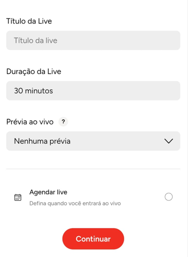 Configurações da live